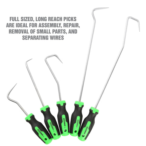 OEMTOOLS 5-piece hose remover set with green and black handles; stainless steel picks for radiator and heater hoses