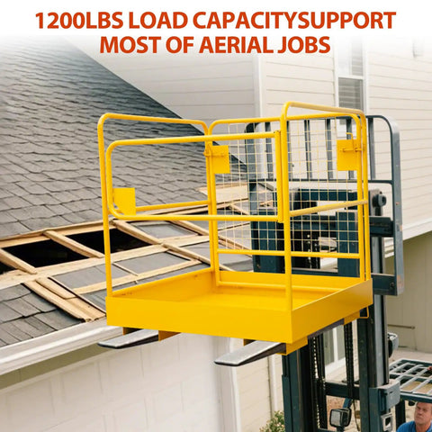 Forklift Safety Cage 36x36 Carbon Steel Man Basket With Safety Railings And Caster Wheels Work Platform For Warehouse Maintenance And Aerial Tasks Beefed Up Heavy Duty 1200 Lb Load Capacity on forklift at rooftop worksite