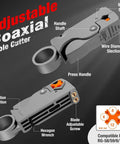 Adjustable coax cable cutter from Pro Grade Coax Cable Crimper Kit For RG6 RG59 RG11 with labeled features and hexagon wrench.