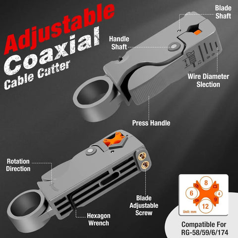 Adjustable coax cable cutter from Pro Grade Coax Cable Crimper Kit For RG6 RG59 RG11 with labeled features and hexagon wrench.