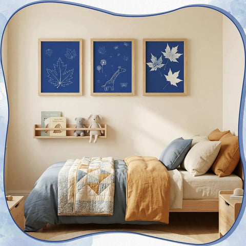 Bedroom with framed cyanotype prints from Dope Sun Print Cyanotype Kit With 30 Sheets Of Paper And Acrylic Panel
