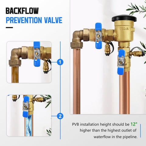 Upgraded Three Quarter Inch 720A Pressure Vacuum Breaker Assembly with brass backflow preventer and PVB installation details