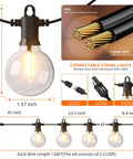 Diagram showing 240 ft LED string lights with G40 bulbs, copper core wire, connectors, and dimensions for backyard lighting.