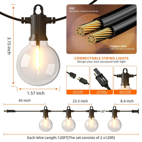Diagram showing 240 ft LED string lights with G40 bulbs, copper core wire, connectors, and dimensions for backyard lighting.