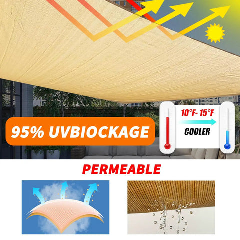 16 By 20 Foot Rectangular Sun Sail Shade Canopy UV Block Outdoor Shade For Patio And Garden Backyard Pergola Cover Sand Color Weather Resistant Durable Material With Easy Install detail with UV blockage and permeability features.