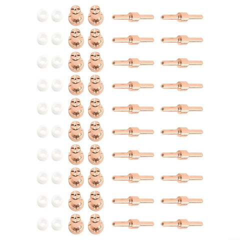 Close-up of 60 Pcs Plasma Cutting Consumables For Pt31 Torch compatible with Cut40 Cut50, featuring copper electrodes and nozzles.