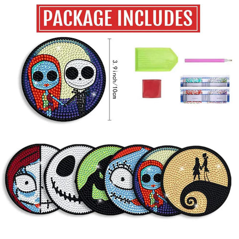 6 Piece Diamond Painting Coaster Kit With One Piece Thick Wood Base And 5D Diamond Dots with tools and character designs.