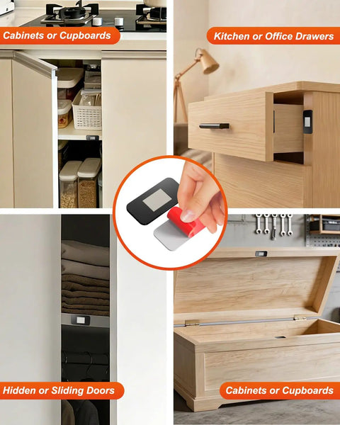 12 Pack No Drill Magnetic Cabinet Door Catch with Ultra Thin Invisible Mount in use on various cabinets and drawers