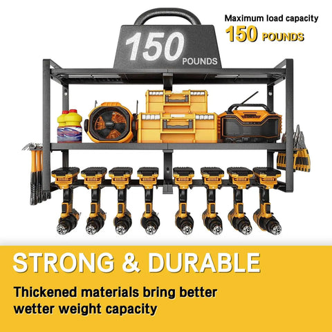Heavy Duty Wall Mounted Power Tool Organizer For Garage And Workshop, Metal Storage Rack with 150 lb capacity shown