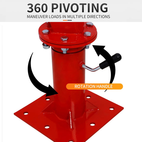 360 degree rotation feature of Built Tough Steel Truck Crane and Bed Hoist with Hand Winch for Pickup Trucks in red finish.