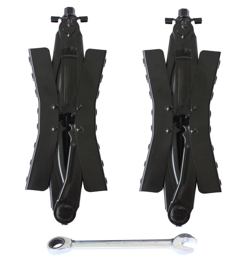 Two Pack Tandem Wheel Chock Stabilizers With Scissor Locking Design Expand From Three Point Five Inches To Twelve Inches