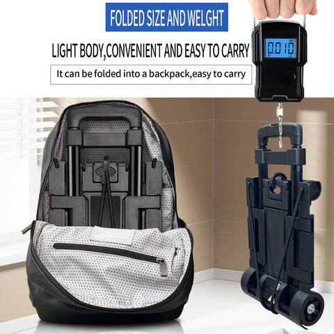 Black folding hand truck with two wheels, stored inside a gray backpack for portable travel