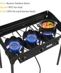 Three Burner Outdoor Propane Gas Stove With Wind Panel Carrying Bag And Regulator 225000 BTU Stand Cooker in use