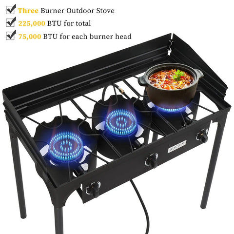 Three Burner Outdoor Propane Gas Stove With Wind Panel Carrying Bag And Regulator 225000 BTU Stand Cooker in use