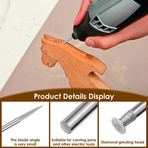 Close-up of 24 Piece Wood Carving Drill Bits Set For Rotary Tools Engraving Kit with 3mm Shank Pro Grade Corundum Bits in use