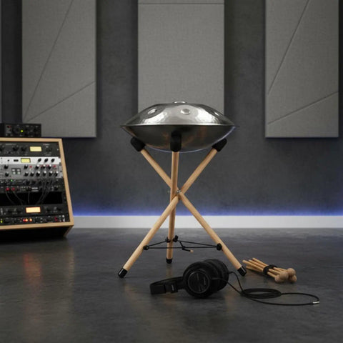 Heavy Duty Beech Wood Drum Rack With Tripod Legs And Adjustable Rope Mount For Steel Drums Folds Flat For Tour Ready Travel Hella Stable Pro Vibe With Thick Sponge Padding Large in music studio setting.