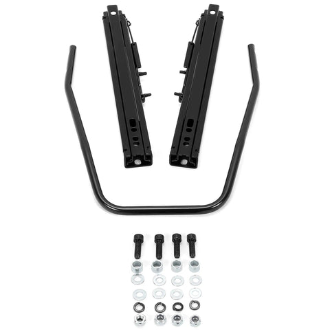 Universal Seat Sliders and Mounting Track Kit With Dual Locking Rails For Most Aftermarket Seats, screws and hardware displayed