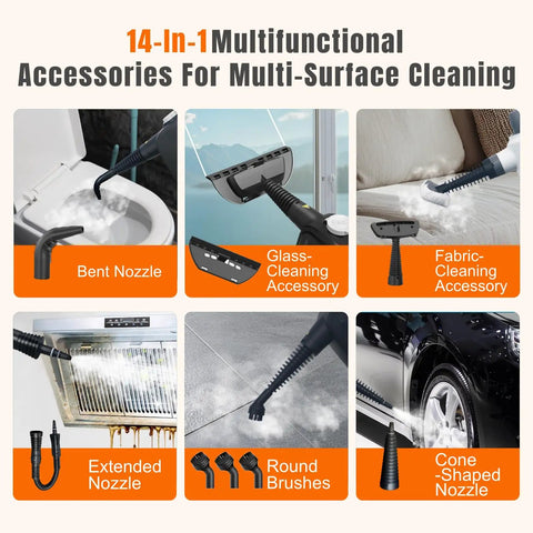 14 In 1 multifunctional accessories for multi-surface cleaning, including bent and extended nozzles for Top Shelf Handheld Steam Cleaner For Complete Home Care.