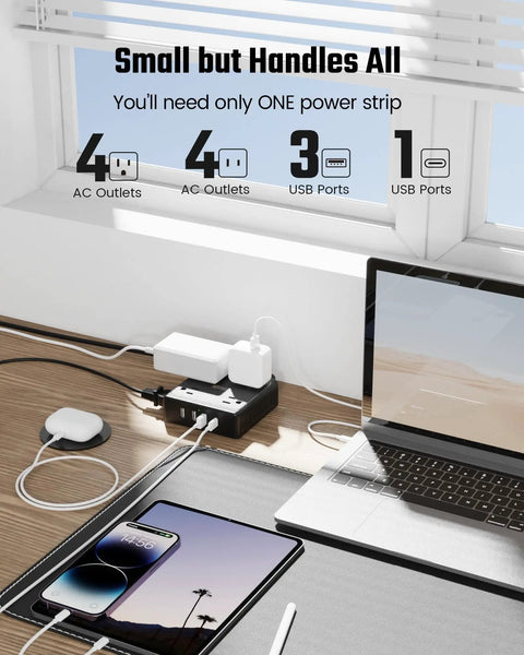 12 In 1 Power Strip With USB Ports For Home Office Dorm Travel And More shown charging multiple devices on a desk