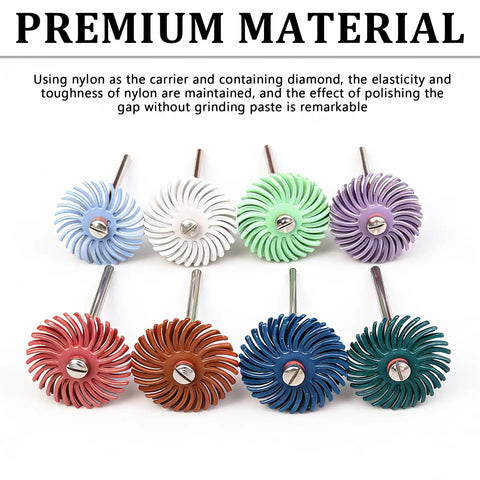 Heavy Duty Diamond Radial Bristle Disc Kit With 3mm Shank For Rotary Tools 30 Piece Flexible Nylon Abrasive Brush Set in assorted colors.