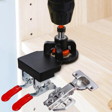Concealed Hinge Jig With 35mm Hole Punch And Quick Clamp, Pro Grade Positioning Drill Guide For Cabinet Doors in use on wood panel