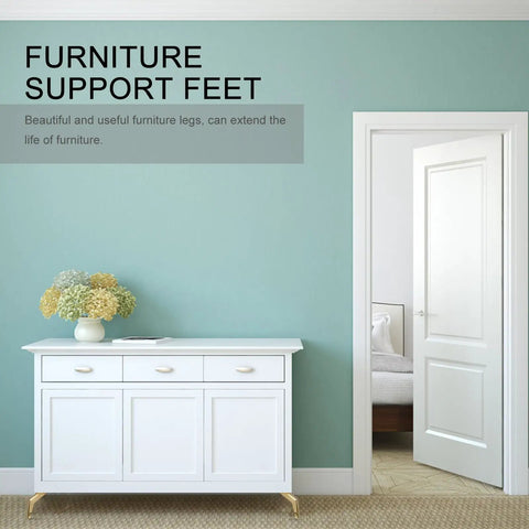 Heavy Duty Iron Furniture Feet For Beds And TV Cabinets Stable Golden Metal Legs With Oblique Cone Design fitted to white cabinet
