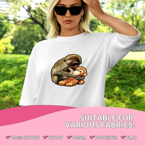 Monkey And Mother Animal Lover DTF Transfers Set 6 Pack on white t-shirt showcasing monkey design outdoors