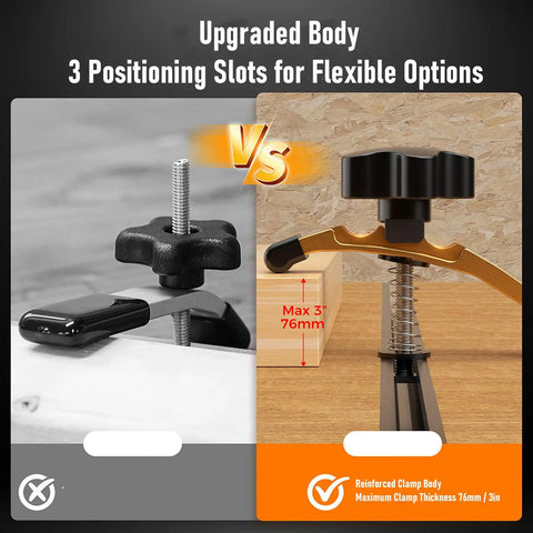 Comparison of Heavy Duty T Track Press Plate Clamps With Extended 5 Inch Body for securing 3 inch thick workpieces.