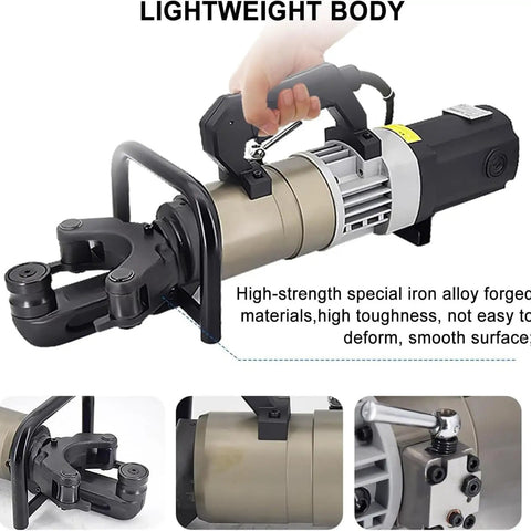 Compact Handheld Electric Hydraulic Rebar Bender For Steel Copper Rods 0-90 Degrees with lightweight body and ergonomic handle.