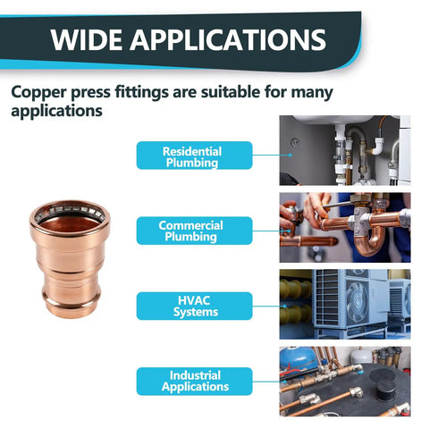 5 Pack Press Fit Copper XL Coupling Reducer Set, 4 Inch By 2 Inch Heavy Duty Plumbing Pipe Connectors shown for various plumbing applications.