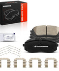 Rock Solid Front Ceramic Brake Pads Compatible With Hyundai Kia 2 Pack with mounting hardware and accessories.