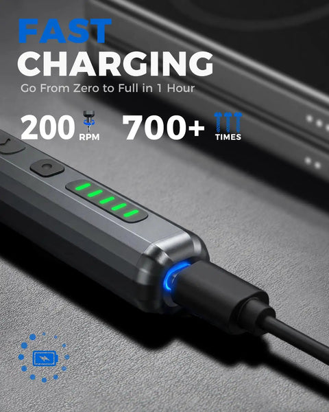 Charging cable connected to Mini Electric Screwdriver Set 140-In-1 for DIY Pros, cordless kit with LED indicator lights.