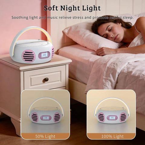 All In One Portable Boombox CD Player With Bluetooth on a bedside table next to a sleeping person.