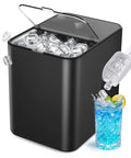 Fast Countertop Ice Maker turns out eight bullet shaped cubes in six minutes with water reservoir, shown pouring ice into a drink.