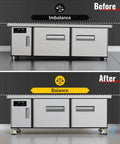 Before and after comparison of a workbench with Heavy Duty Retractable Leveling Casters Set Of 4 With Ratchet Handle No Sweat Height Adjust.