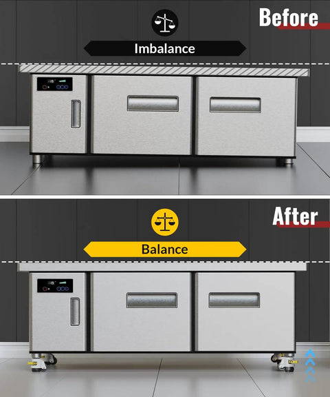 Before and after comparison of a workbench with Heavy Duty Retractable Leveling Casters Set Of 4 With Ratchet Handle No Sweat Height Adjust.