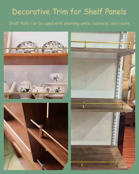 Adjustable Guard Rail For Cabinets And Shelves, Anti Fall Railing Bracket With Posts on wooden shelves showing brass bar