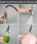 Three Function Pull Down Kitchen Faucet Head Replacement with 12 Adapters Chrome Finish spraying water on various items