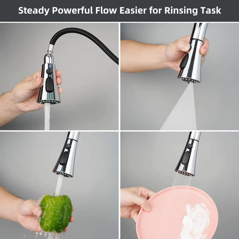Three Function Pull Down Kitchen Faucet Head Replacement with 12 Adapters Chrome Finish spraying water on various items