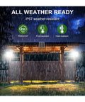 JUDYSSY Split 2Head Solar Led Light Outdoor Super Bright Solar Spotlight installed at gate under rain, showcasing IP67 waterproof features.
