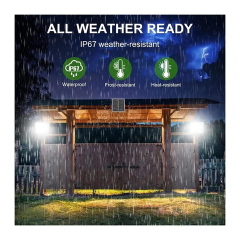 JUDYSSY Split 2Head Solar Led Light Outdoor Super Bright Solar Spotlight installed at gate under rain, showcasing IP67 waterproof features.