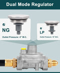 Gas pressure regulator for natural gas, dual mode; gray metal body with brass flare fittings