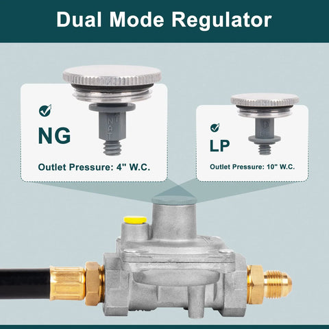 Gas pressure regulator for natural gas, dual mode; gray metal body with brass flare fittings