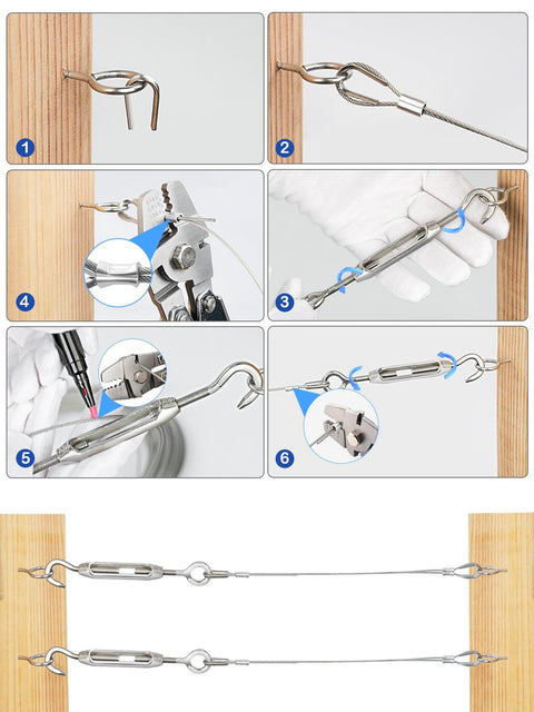 Installation steps for Fifty Feet Of One Sixteenth Inch Vinyl Coated Stainless Steel Wire Rope Kit With M5 Turnbuckle Tensioner