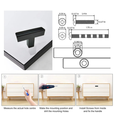 Slick Matte Black Cabinet Pulls 2 Pack Square T Handles with installation steps for heavy duty stainless steel drawer knobs.