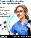 Slick Anti Fog Safety Goggles With Clear Polycarbonate Lenses And Blue Light Blocking Coating That Shields Your Vision From Digital Strain Without The Hassle For Men And Women In Sleek Transparent Purple, worn by a woman in a medical uniform.