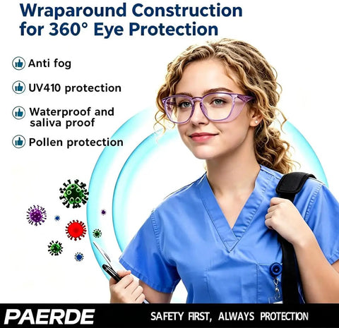 Slick Anti Fog Safety Goggles With Clear Polycarbonate Lenses And Blue Light Blocking Coating That Shields Your Vision From Digital Strain Without The Hassle For Men And Women In Sleek Transparent Purple, worn by a woman in a medical uniform.