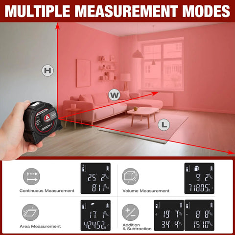 2-in-1 Laser Tape Measure With 215 Ft Laser Distance Meter And 16 Ft Manual Tape For Quick Long Range And Precise Short Range Readings, Durable Handheld Tool For Builders And DIYers; room modes