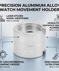 Precision aluminum watch movement holder with laser-etched identifiers for 2824, 2892, 8200, 2813, NH35, NH36 movements.
