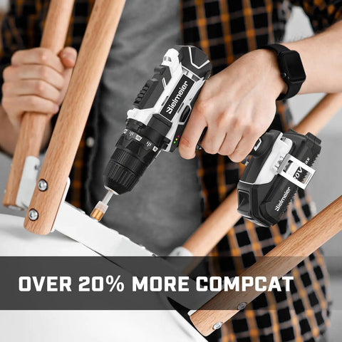 Person using Beast Of A 20V Max Cordless Drill Set with Lithium Battery on wooden chair, featuring a three-eighth inch keyless chuck.